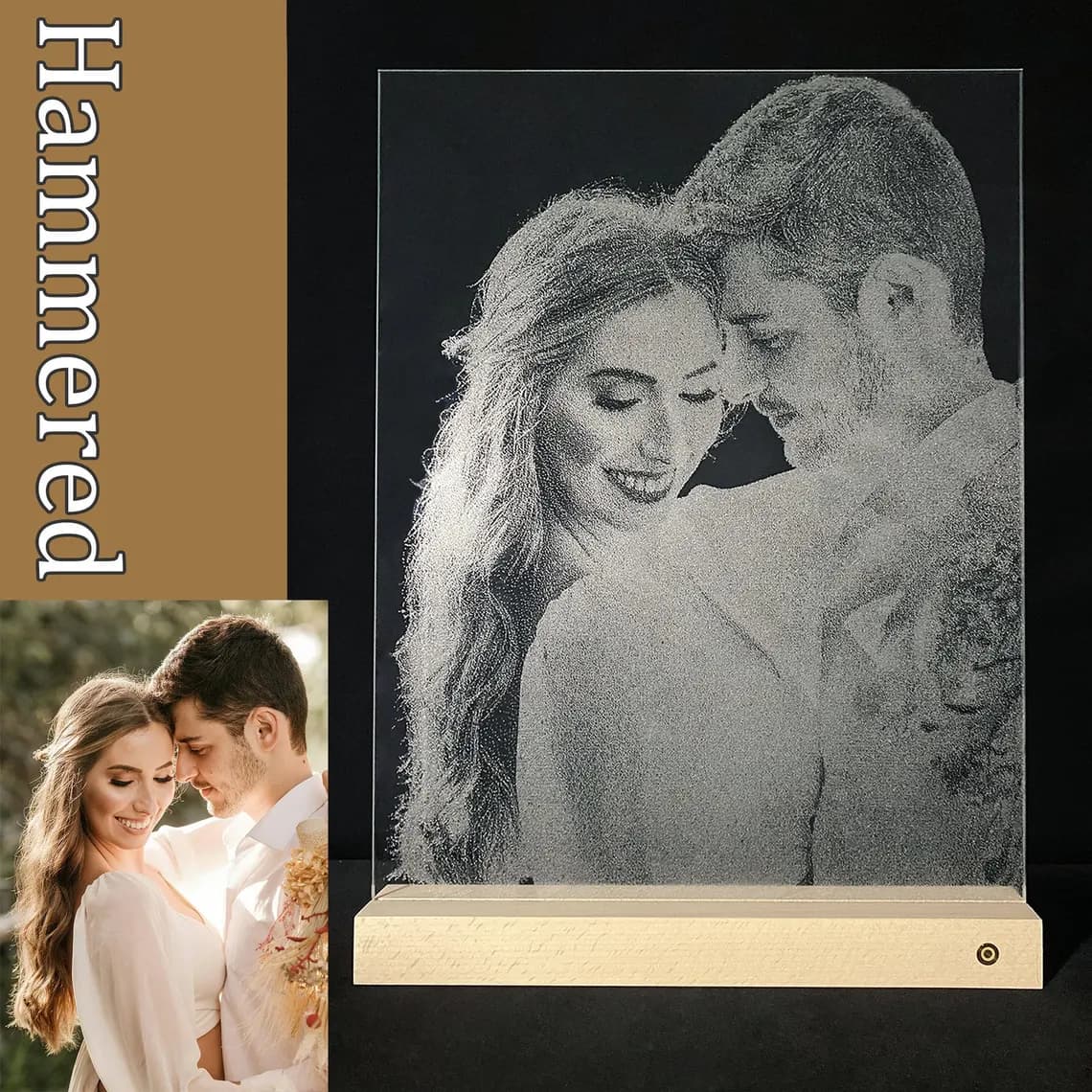 Hammer glass painting — custom couple portrait in hammered glass art on LED light base by LuminArt