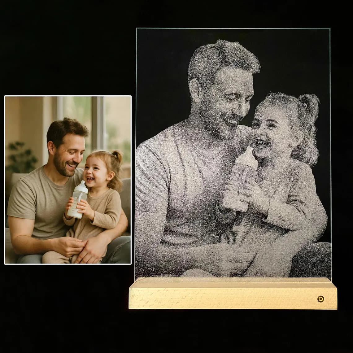 Father and daughter hammer glass painting portrait — hammered glass art on LED light base